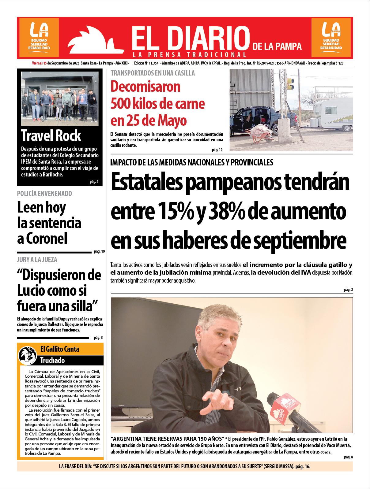 Tapa de El Diario en papel  viernes 15 de septiembre de 2023